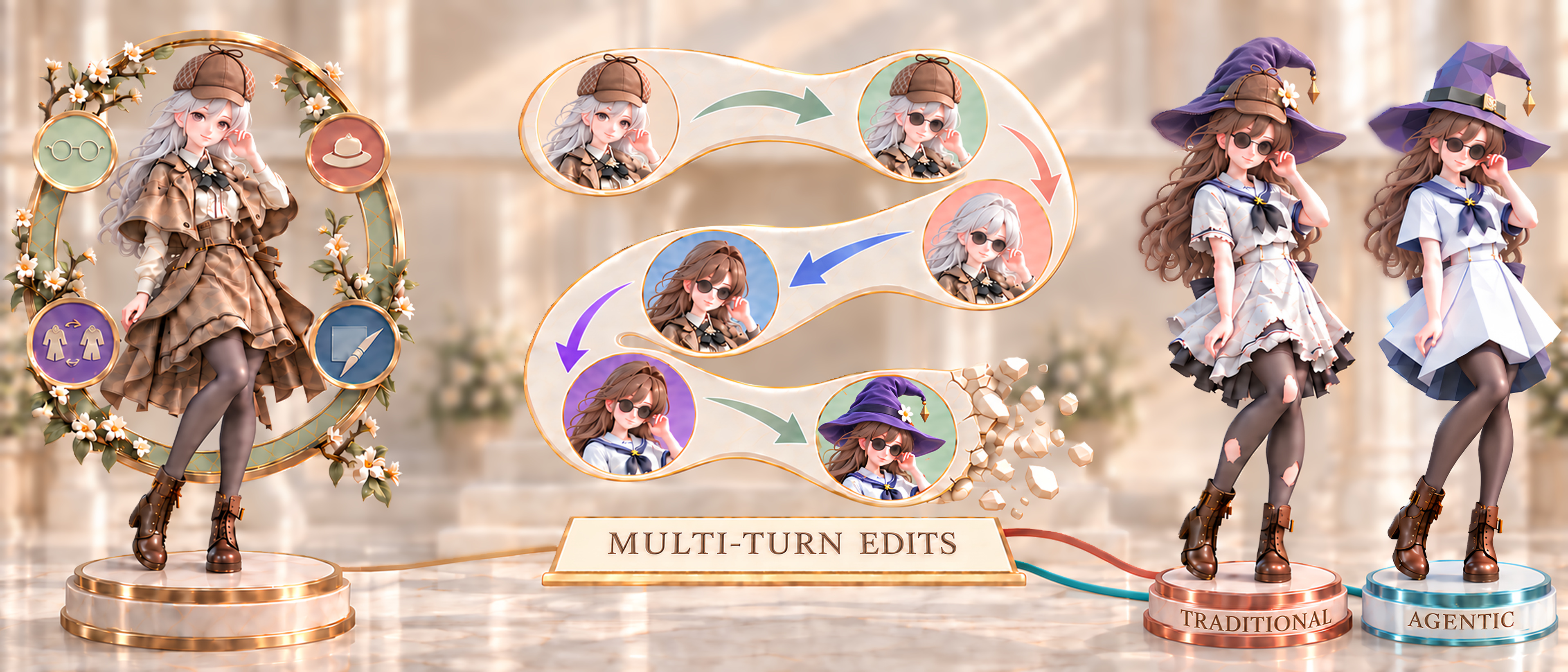 EditHero examples of part-level 3D editing across multiple turns