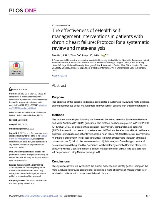 PLOS ONE eHealth self-management systematic review protocol paper preview